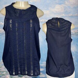 Gap M Navy Lace Front Keyhole Button Back Curved Hem Cotton Sleeveless Blouse